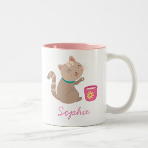 Niedliche Katze mit Teacup-Cartoon Zweifarbige Tasse