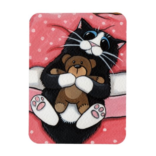 Niedliche Katze mit Teddy Bear auf Bed Magnet (Vertikal)