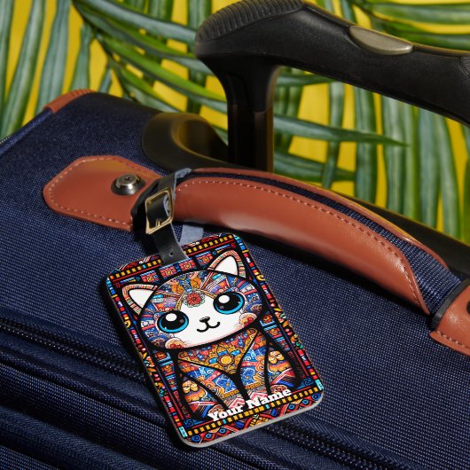 Niedliche Katze mit traditionellem Muster Gepäckanhänger (Vorderseite Insitu 1)