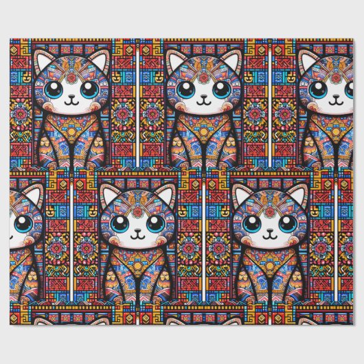 Niedliche Katze mit traditionellem Muster Geschenkpapier (Flach)