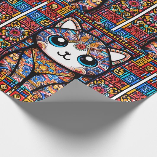 Niedliche Katze mit traditionellem Muster Geschenkpapier (Ecke)