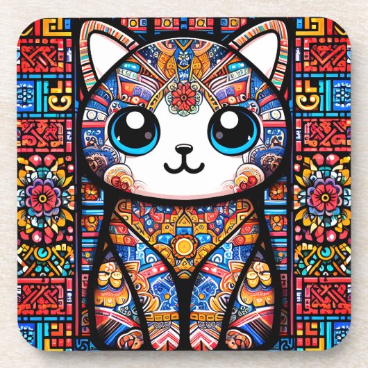 Niedliche Katze mit traditionellem Muster Getränkeuntersetzer (Vorderseite)