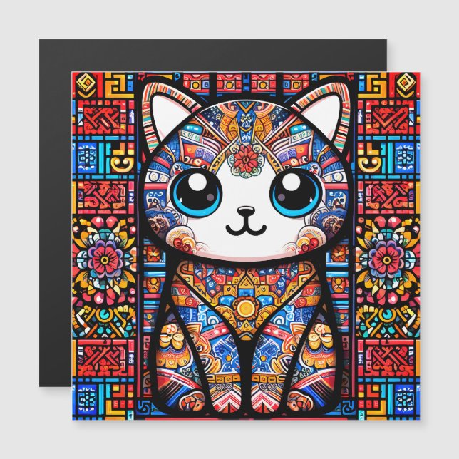 Niedliche Katze mit traditionellem Muster Magnetkarte (Vorne/Hinten)