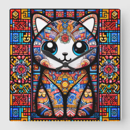 Niedliche Katze mit traditionellem Muster Quadratische Wanduhr
