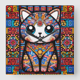 Niedliche Katze mit traditionellem Muster Quadratische Wanduhr