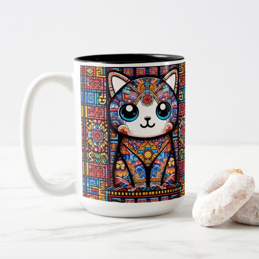 Niedliche Katze mit traditionellem Muster Zweifarbige Tasse (Mit Donut)