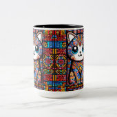 Niedliche Katze mit traditionellem Muster Zweifarbige Tasse (Mittel)