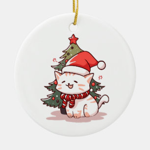Niedliche Katze mit Weihnachtsmannmütze in der Näh Keramik Ornament