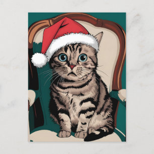 Niedliche Katze mit Weihnachtsmütze Feiertagspostkarte