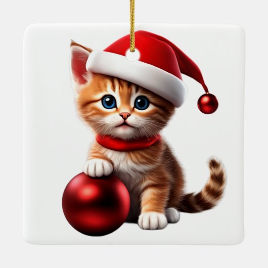 Niedliche Katze mit Weihnachtsmütze und Weihnachts Keramikornament (Rückseite)