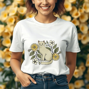 Niedliche Katze mit Zitronenscheiben und Blume bot T-Shirt