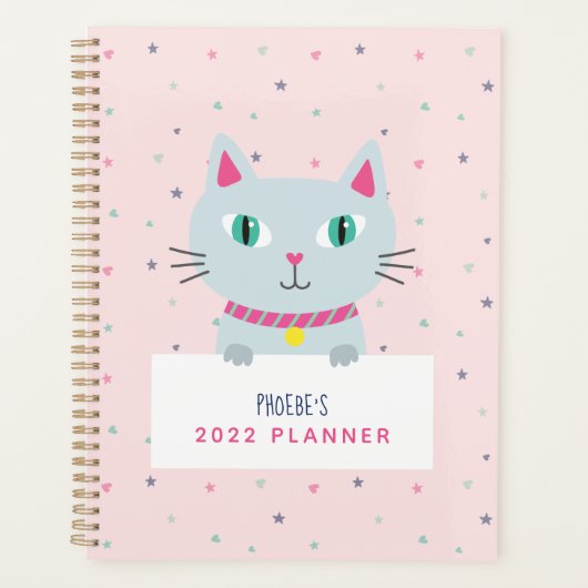 Niedliche Katze Moderner Name Rosa Personalisiert Planer (Vorderseite)