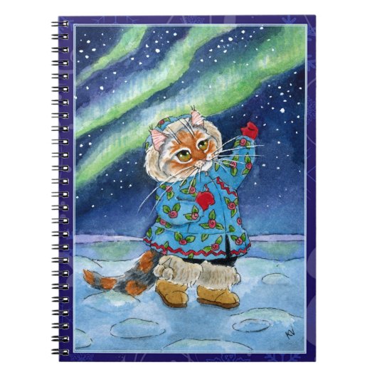 Niedliche Katze, Nordlichter, Winter Notizbuch Notizblock (Vorderseite)