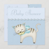 Niedliche Katze, Perlen & Hearts Blue Baby Boy Dus Einladung (Vorne/Hinten)