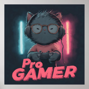 Niedliche Katze "Pro Gamer" mit Kopfhörern Poster
