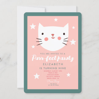 Niedliche Katze Rosa Grüne Lila Stars Geburtstag Einladung