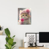 Niedliche Katze Rosa Strick Scarf Hat Floral Perso Poster (Heimbüro)