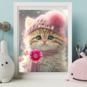 Niedliche Katze Rosa Strick Scarf Hat Floral Perso Poster