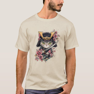 Niedliche Katze Samurai Cherry Blossom Art T-Shirt