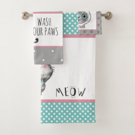 Niedliche Katze, Schmetterlinge, Polka-Punkte Badhandtuch Set