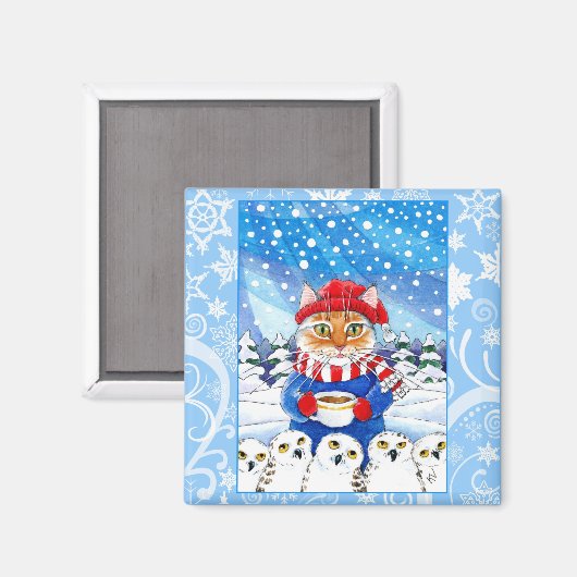 Niedliche Katze, schneebedeckte Winterlandschaft Magnet (Vorderseite/Rückseite)