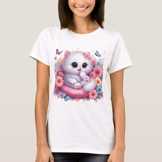 Niedliche Katze, schöne Blume T-Shirt (Vorderseite)