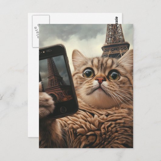 Niedliche Katze Selfie in Paris Postkarte (Vorne/Hinten)