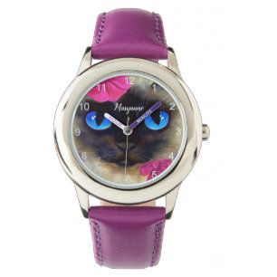 Niedliche Katze Siam Factory Add Name Lila Illustr Armbanduhr