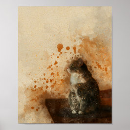 Niedliche Katze sitzt auf einem Tisch Aquarellbild Poster