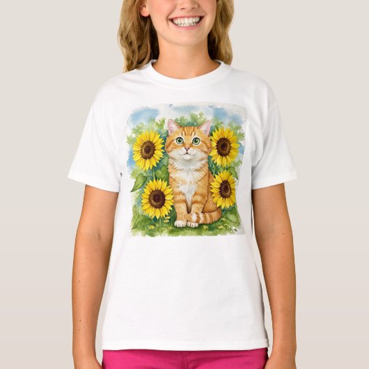 Niedliche Katze Sonnenblumen Kinder T - Shirt (Vorderseite)