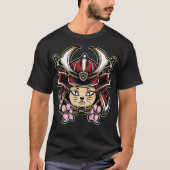 Niedliche Katze trägt Samurai Helm T-Shirt (Vorderseite)