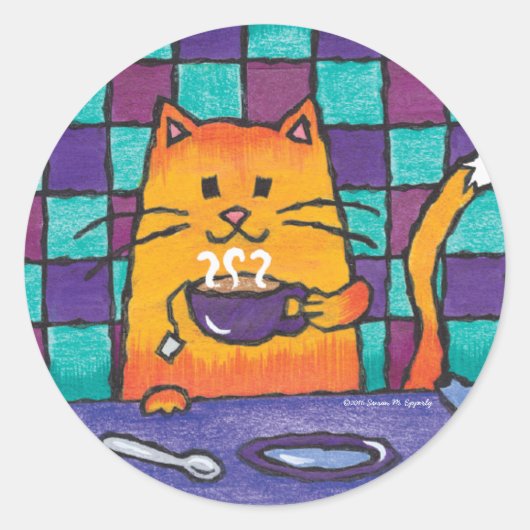 Niedliche Katze trinken Tee "Kit-TEA Cat" Runder Aufkleber (Vorderseite)