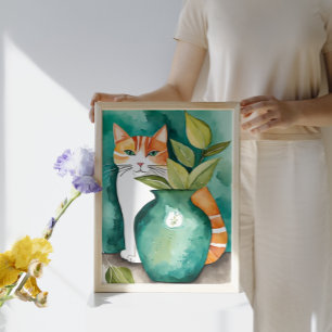 Niedliche Katze und Aquamarine Grüne Vase Botanisc Poster