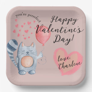 Niedliche Katze und Balloon Valentinstag Pappteller