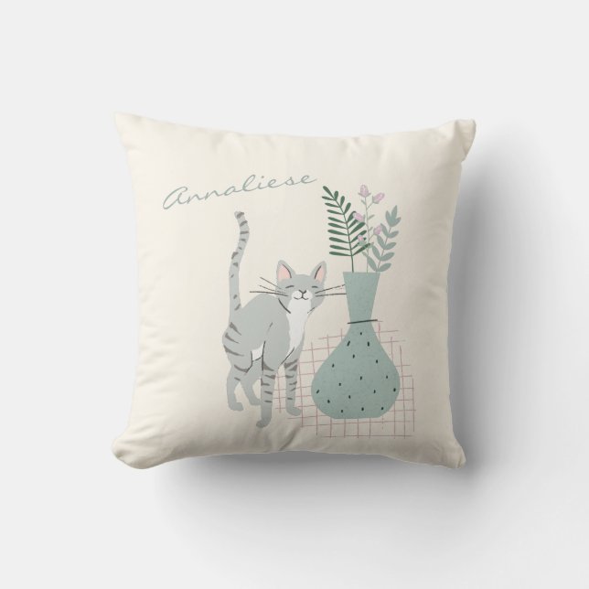 Niedliche Katze und Blume Illustration Personalisi Kissen (Vorderseite)
