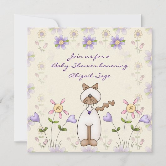 Niedliche Katze und Blume Kinderdusche Einladung (Vorderseite)