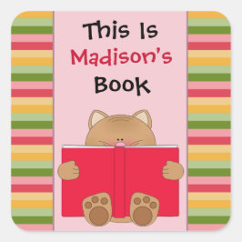 Niedliche Katze und Buch Buchzeichen für Kinder Quadratischer Aufkleber