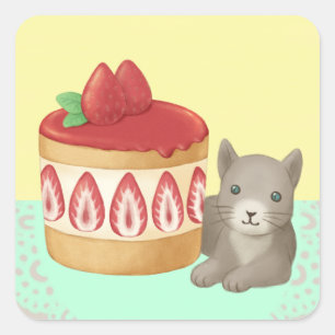 Niedliche Katze und Dessert Illustration Art Quadratischer Aufkleber