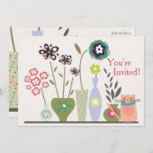 Niedliche Katze und gepolsterte Blume Kinderdusche Einladung (Vorne/Hinten)