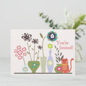 Niedliche Katze und gepunktete Blume zum Geburtsta Einladung (Stehend Vorderseite)