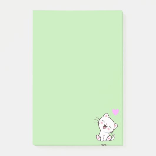 Niedliche Katze und Herz auf leicht grünen Post-it Klebezettel (Vorderseite)