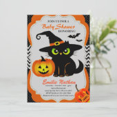 Niedliche Katze- und KürbisHalloween-Kinderdusche Einladung (Stehend Vorderseite)