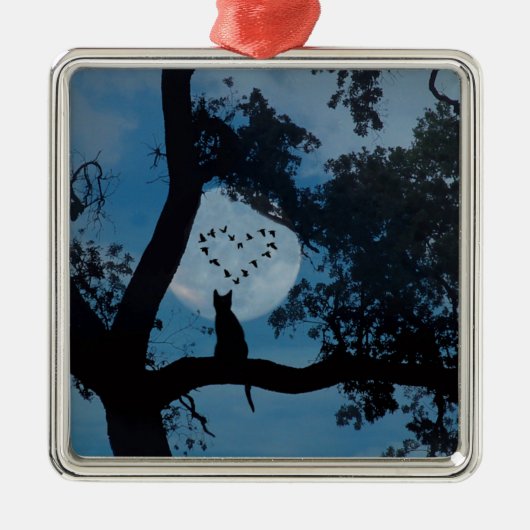 Niedliche Katze und Mond mit Vogelherz Keramik Orn Ornament Aus Metall (Vorne)