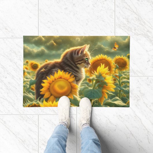 Niedliche Katze und Sonnenblumen Fußmatte (Indoor)