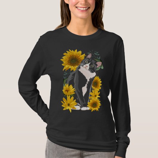 Niedliche Katze und Sonnenblumen Garden Felsische T-Shirt (Vorderseite)