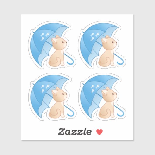 Niedliche Katze unter blauem Umbrella-Set mit 4 Au Aufkleber (Blatt)