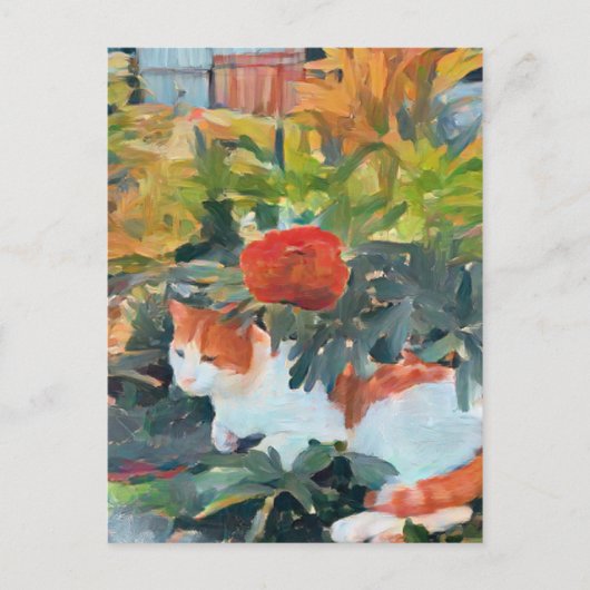 niedliche Katze unter einem blühenden Busch Postkarte (Vorderseite)