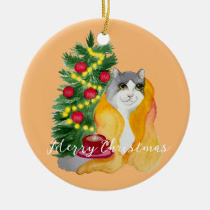Niedliche Katze unter einer gemütlichen Decke mit  Keramik Ornament