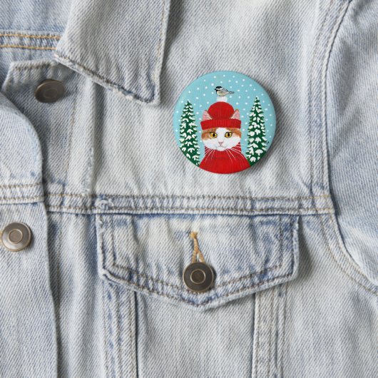 Niedliche Katze, Vogel Winter Weihnachtsschnee-Kno Button (Beispiel)