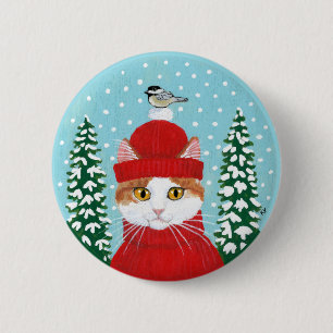 Niedliche Katze, Vogel Winter Weihnachtsschnee-Kno Button